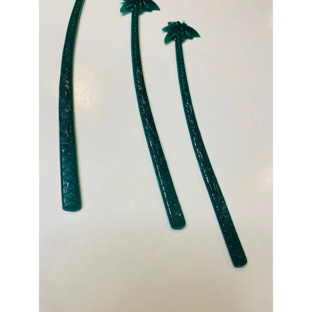 Set of 3 Vintage Hilton Mayaguez Cocktail Sticks Stirrers Green Palm Tree 6
